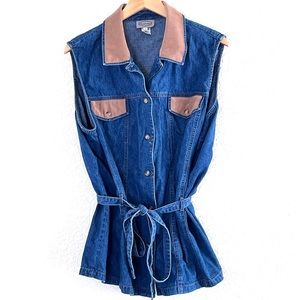 Denim Sleeveless Button Down Shirt with Brown Accents